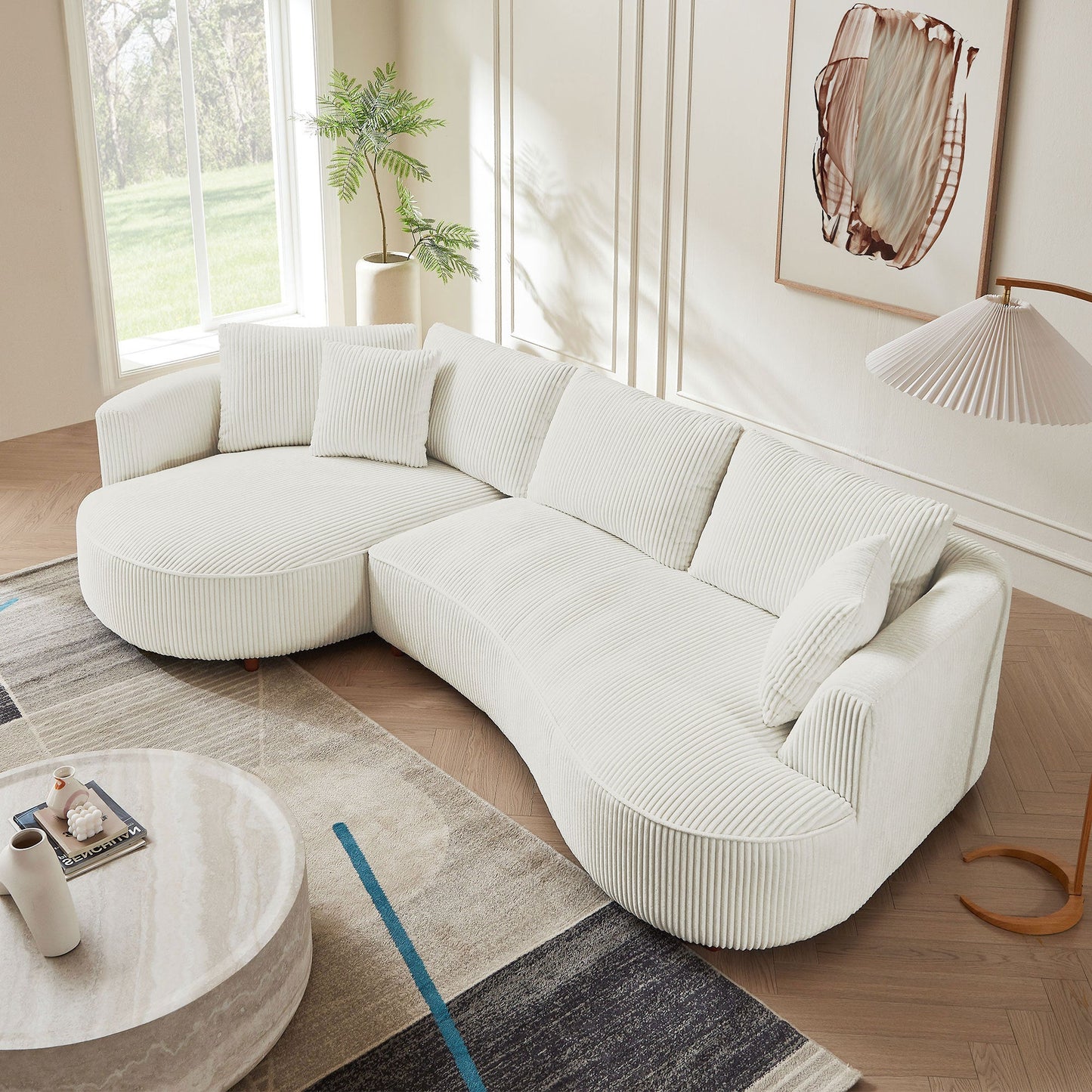 Modern White Corduroy Couch with Curved Chaise