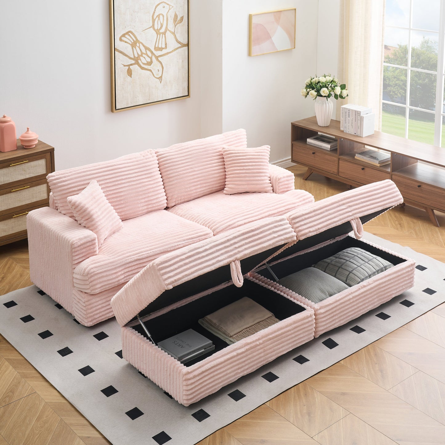 Pink Corduroy Modular Storage Sofa