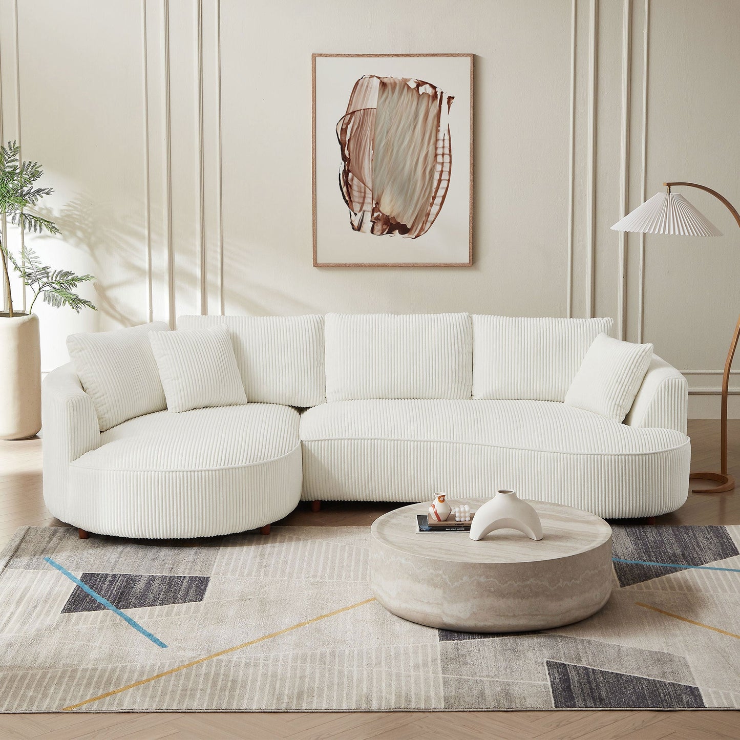 Modern White Corduroy Couch with Curved Chaise