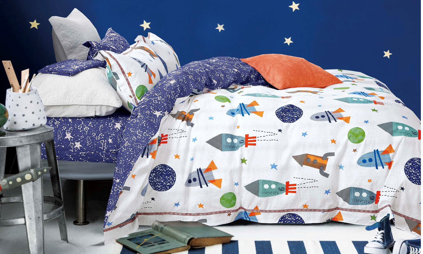 Rocket Ship 100% Cotton Reversible Kids Comforter Set