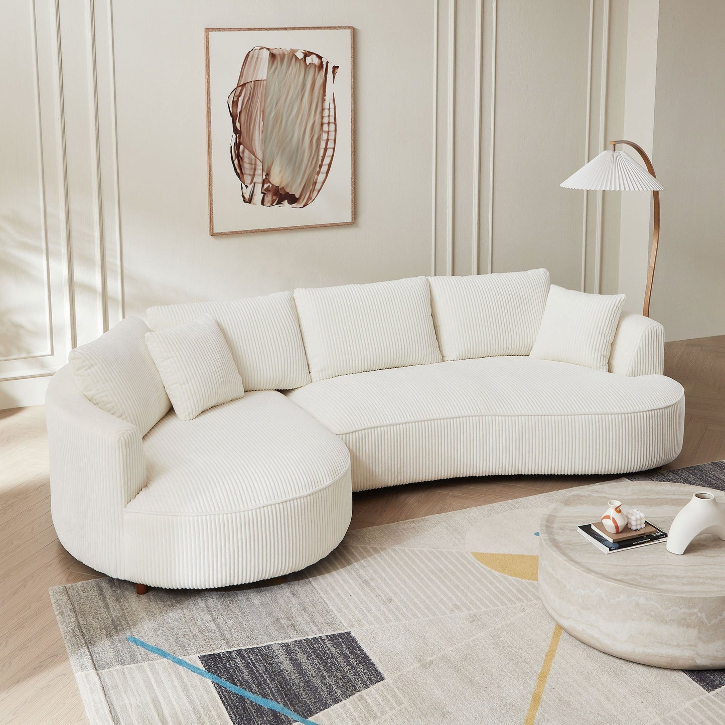 Modern White Corduroy Couch with Curved Chaise